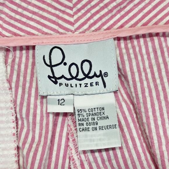 Vtg Lilly Pulitzer Capri Pants Womens 12 Seersucker Pink Wht Stripe Stretch Crop - Picture 2 of 15